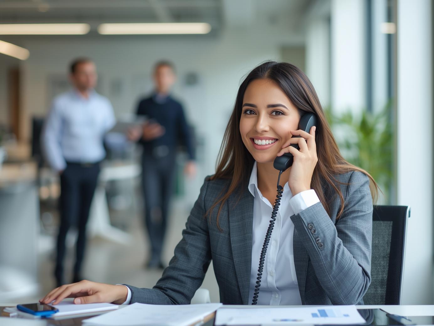 Professional sales representative confidently making cold calls in modern office environment